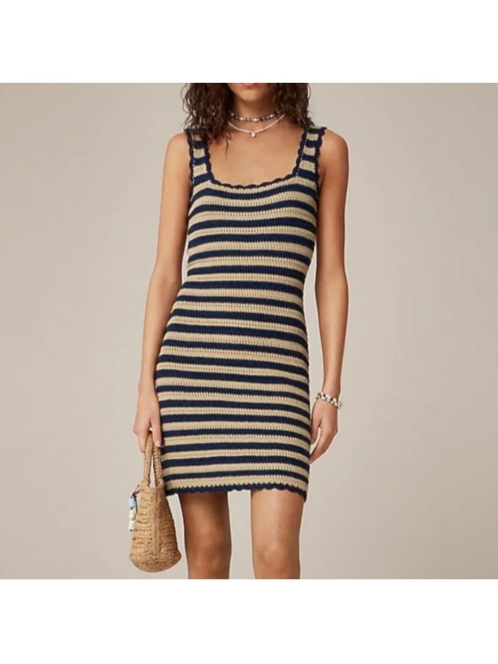 J. Crew Navy and Cream Scalloped Striped Knit Mini Dress